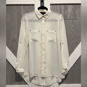 118. ATMOSPHERE Off White Sheer Hidden Button Down Blouse w/pockets 6